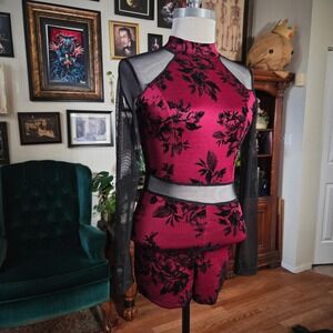 Privy Burgundy Black Floral Mesh Long Sleeve Mock Neck Romper S